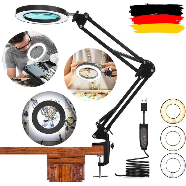 Lampada a lente di ingrandimento LED 5 scomparti, lente di ingrandimento per lettura lampada da lavoro e morsetto, braccio girevole