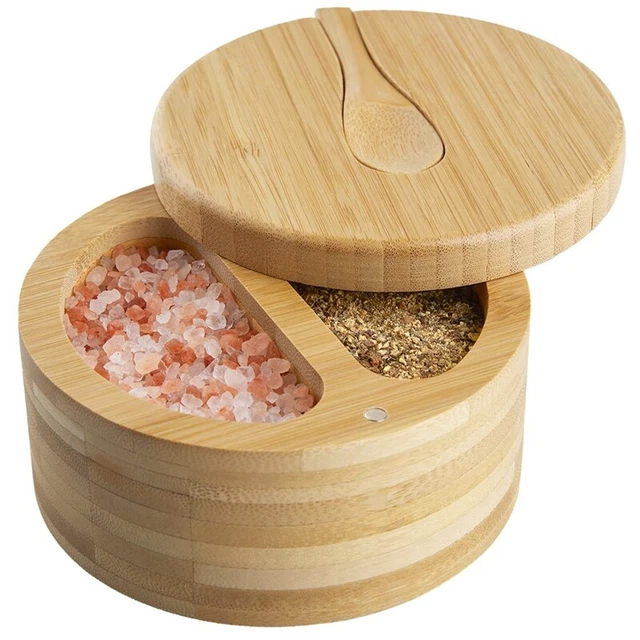 Qeunrtiy Boîte à Sel Et Poivre En Bambou 2 Compartiments – Couvercle Pivotant Magnétique + Cuillère Intégrée – Design Élégant Bois Naturel 6 Oz