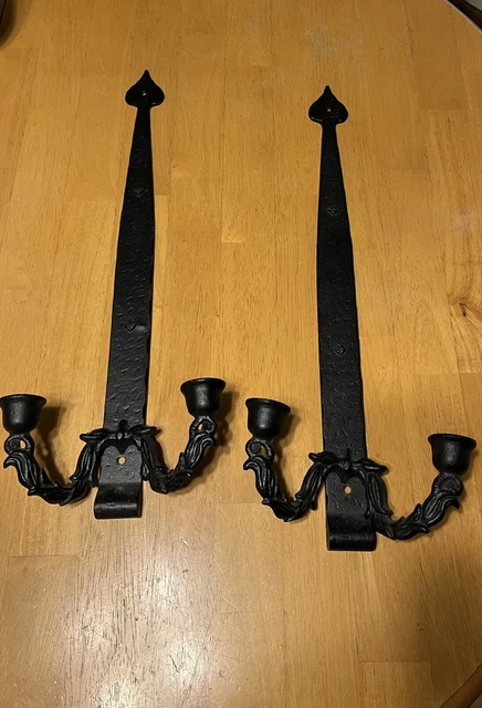 2 Vintage Cast Iron Wall Sconce Candle Holders Hinge Strap Wrought Iron 20”