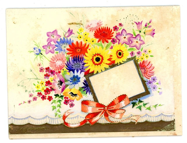 Vintage greetings Birthday card artwork illustration flowers bows floral #2 2