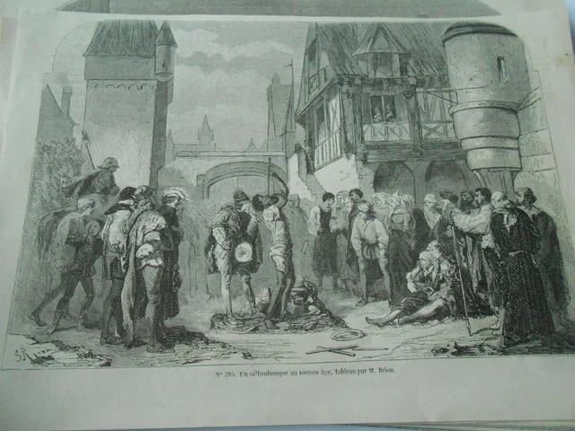 Gravure 1857 - Un saltimbanque au Moyen Age d'après tableau de Brion