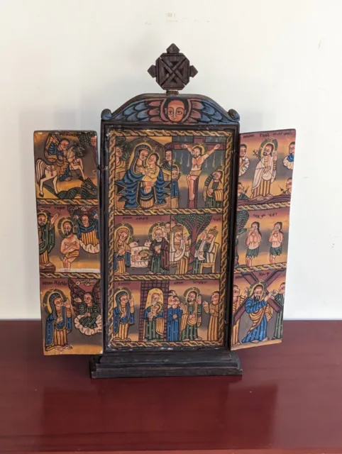 Antique Ethiopian Orthodox Coptic Church Hand Carved  Wood Altar Biblical Icons