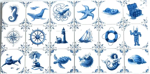 The Kit Oz Blue Delft Design Kiln FiredCeramic Tiles 18 st 4.25" Nautical Custom