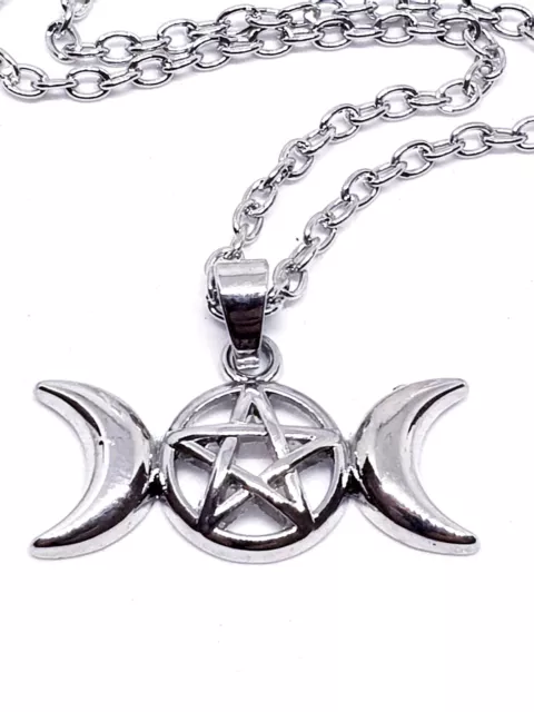 Triple Moon Phase Pendant Necklace Pentagram Goddess Pagan Pentacle Jewellery