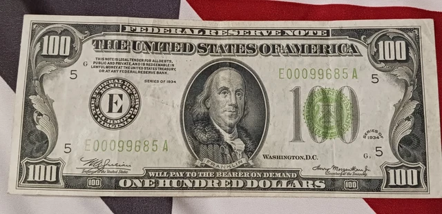 1934 $100 Federal Reserve Note Richmond Light Green Seal VF
