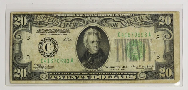 FR. 2054a-Cm "Mule" 1934 $20 Federal Reserve Note Philadelphia Dark Green Seal