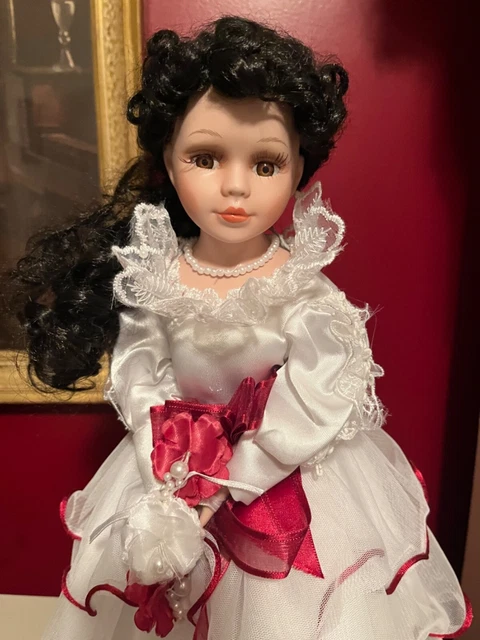 Porcelain Victorian Doll in White and Crimson Gown ( Brunette)