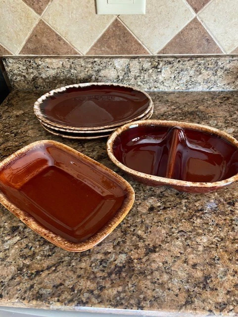 5 Pc Hull Pottery Brown Drip (1) Divided Dish (3) Serving Platters (1) casserole