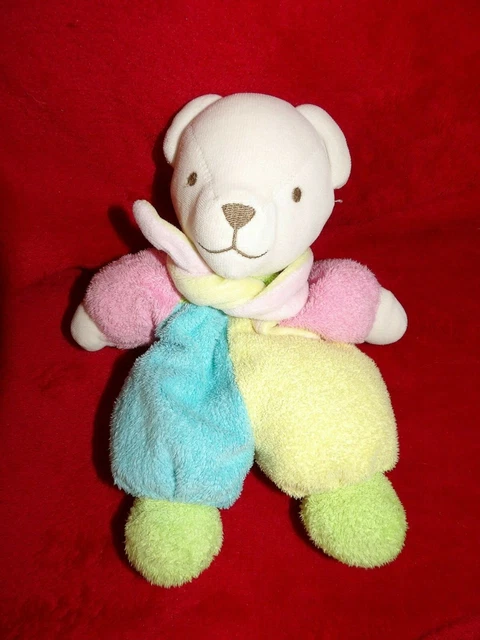 Doudou Peluche Grelot Nounours Ours Blanc Bleu Rose Jaune Vert Echarpe