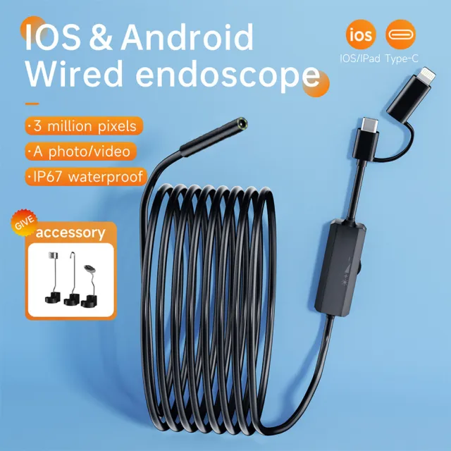 WATERPROOF 1440P 8MM iPhone Endoscope Inspection Snake Scope
