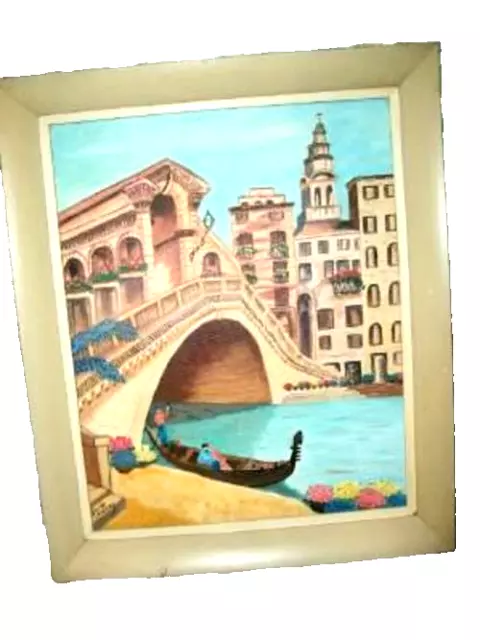 1950s NAIVE OIL PAINTING VENICE GONDOLAS CANALS ARCHITECTURE PERIOD CHUNKY FRAME