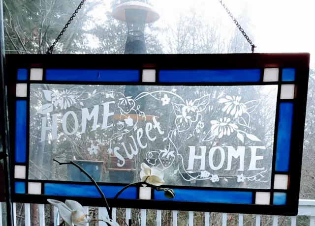 wood framed stained glass 24×12. Blue/white/clear. Transom. FREE SHIPPING