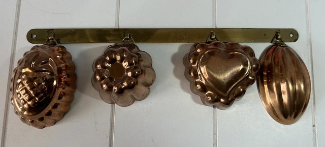 Juego de 4 moldes de gelatina de cobre en miniatura de colección década de 1960 decoración de pared de granja