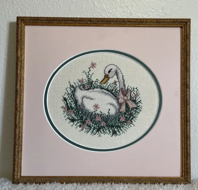 Vintage Framed and Matted Cross Stitched Geese Ducks  Swans Birds Set Of Two.