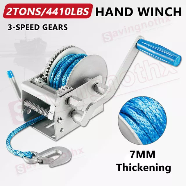 3 Speed Hand Winch 4x4 2000KG/4410LBS Dyneema Rope Manual Car Boat Trailer 4WD