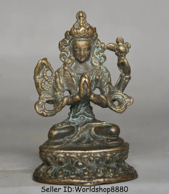 2.2" Antique Old Tibet Buddhism Temple Copper 4 arms Chenrezig Buddha Sculpture