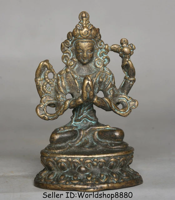 2.2" Antique Old Tibet Buddhism Temple Copper 4 arms Chenrezig Buddha Sculpture