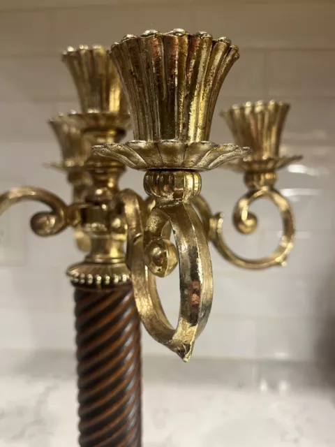 Mid Century Hallmark Brass And Wooden Five Candle Candelabra 1950’s Antique 3