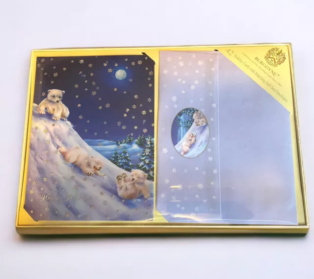 NIB Burgoyne Holiday Christmas Hanukkah Cards Polar Bear Cubs 8"x6" Box of 42