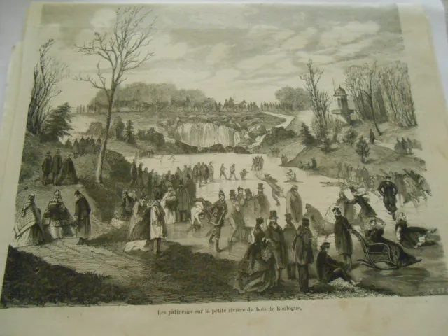Gravure 1861 - Les patineurs sur la petite rivière du bois de Boulogne