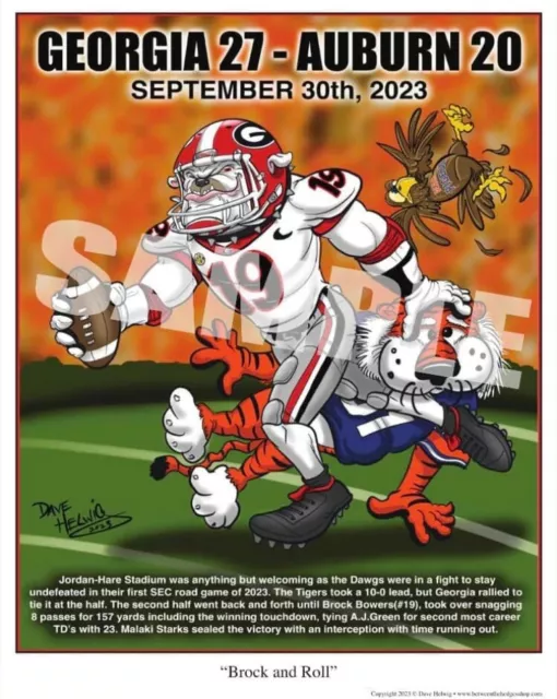 Georgia Bulldogs Football Vs Auburn 2023 "Brock & Roll" Dave Helwig Art