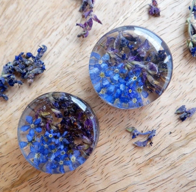 Blue flower plugs Sage and Forget me not resin ear gauges Bridesmaid tunnels 2g