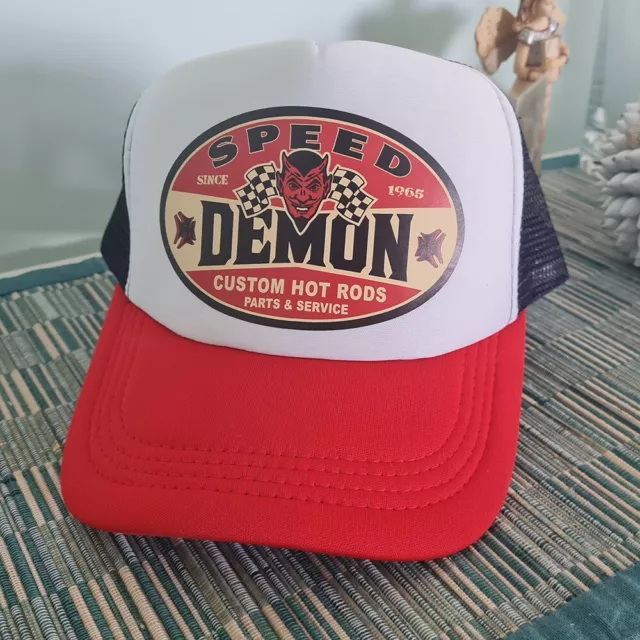 Speed Demon Hot Rod Shop Trucker Cap Hat Mesh Snapback Vintage Hot Rod Garage