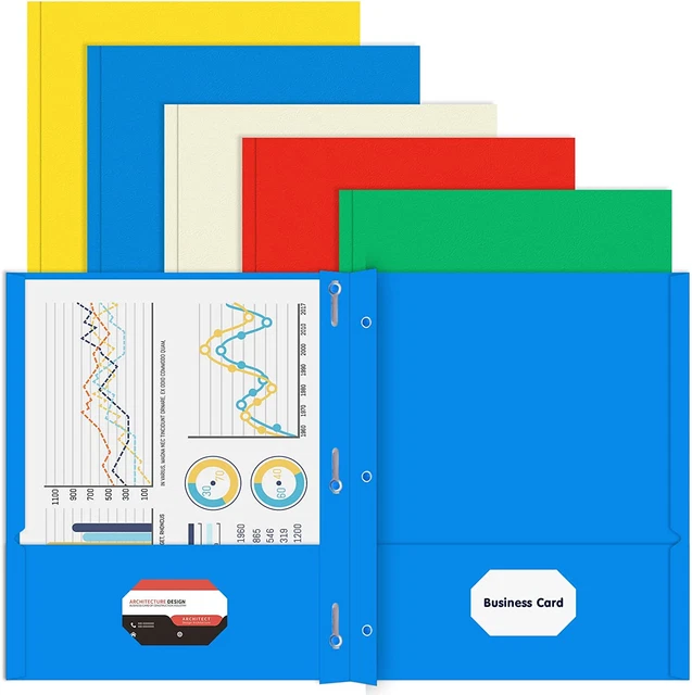 Two Pocket Folder,  100 Pack 2 Pocket Folders with Prongs, Business Card Slots L