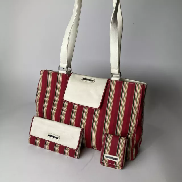 Longaberger Homestead Multi-Striped Purse W Ivory Leather Handles And Wallet (F)