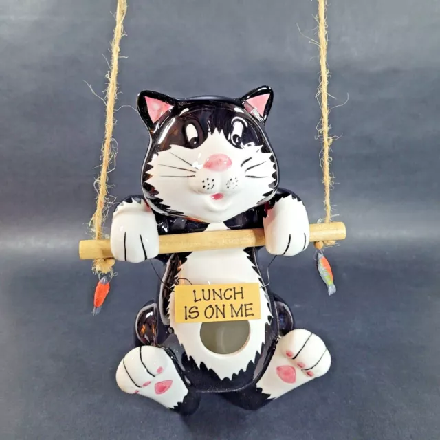 GANZ Ceramic CAT BIRD HOUSE Feeder LUNCH IS ON ME Black and White