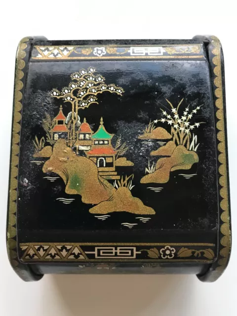 Antique Hand Painted Black & Gold Japanese Scene Wood & Metal Cigarette Box
