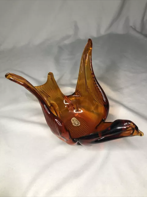 Vintage Hand Blown Roy Craft Amber Art Glass Flying Swan Bird Figurine Bowl Dish