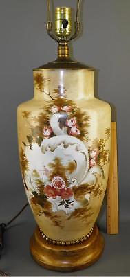 Antique Victorian Hand Painted Milk Glass Scenic Floral Vase Table Banquet Lamp