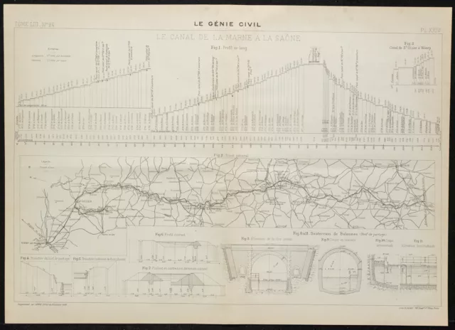 1908 - Plan du Canal de la Marne à la Saône - Ouvrage de génie civil - Carte