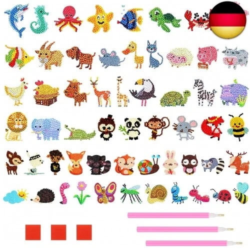 5D Diamond Painting Set für Kinder, 57 Stück DIY Diamant Painting Sticker Tiere