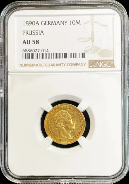 1890 A Gold German State Prussia 10 Mark Coin Ngc About Uncirculated 58