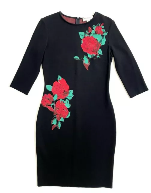 ST John  Collection Intarsia Red Roses Black Knit Sheath Dress SZ 4 New 2