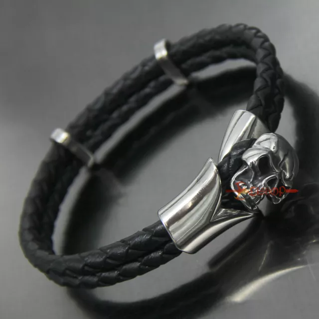 Men's Gothic Rocker Biker Stainless Steel Skull Black Genuine Leather Bracelet