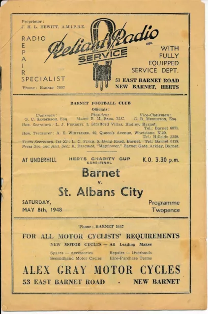 Barnet v St Albans City (Hertfordshire Charity Cup Semi Final) 1947/1948