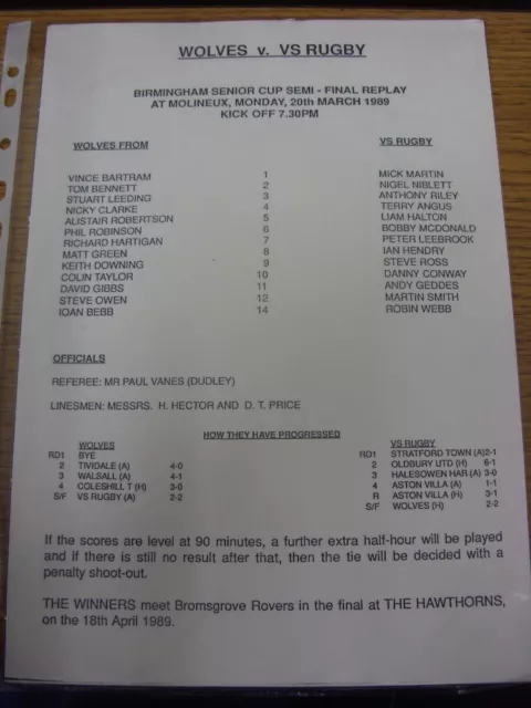 20/03/1989 Teamsheet: Birmingham Senior Cup Semi-Final Replay - Wolverhampton Wa