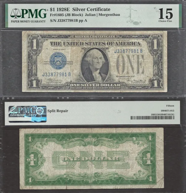 $1 1928-E Silver Certificate  J-B Block, Fr. 1605, PMG Choice Fine 15