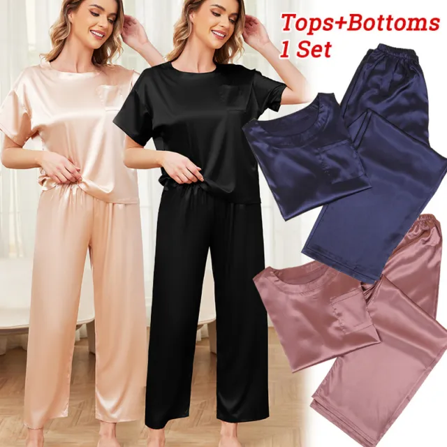 2 PCS/Set Women Ice Silk Satin Pyjamas Nightwear Sleepwear Top Bottom Loungewear