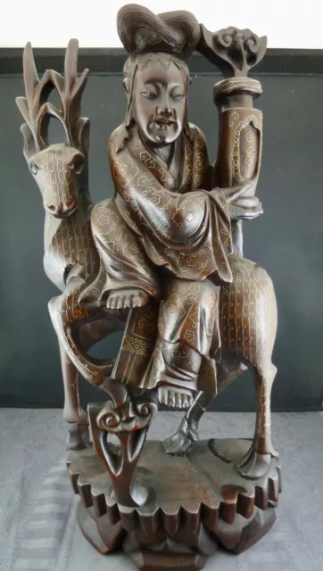 Hartholz Figur China um 1860 / 1880 antik Gottheit auf Hirsch Metall Intasien