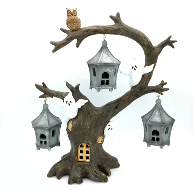 LENOX Ghoulish Halloween Lighted Tree  - haunted ghosts owl lanterns resin decor
