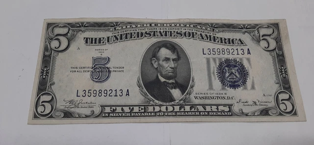 Series 1934-B $5 Silver Certificate L-A Block - Extra Fine Condition