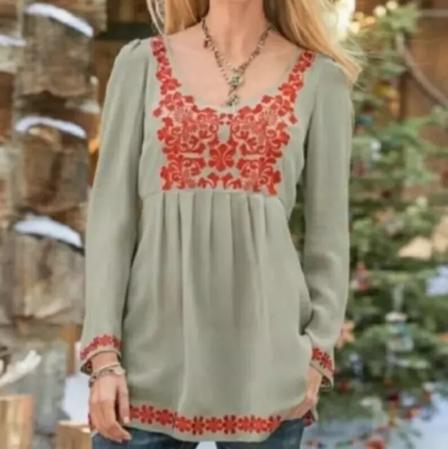 Sundance Blouse Top XLG 100% Silk Embroidered Boho Peasant Tunic Semi-Sheer