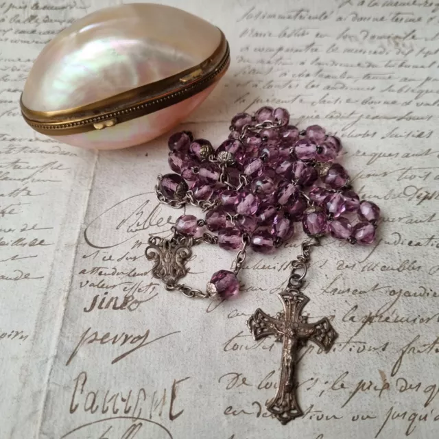 Chapelet Ancien Argent Massif Boite Œuf Nacre XIXè French Solid Silver Rosary