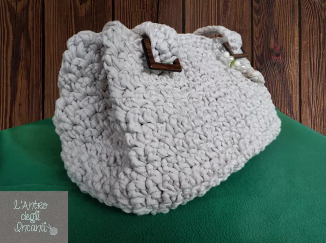 Borsa bauletto fettuccia Handmade Uncinetto Crochet panna ciondolo cuore tweed 2