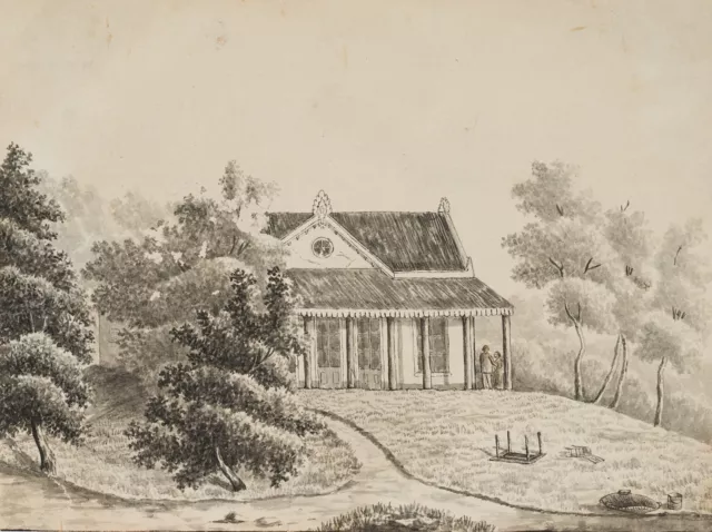 Unbekannt (19.Jhd), Haus mit Veranda in einem Garten, um 1860, Aquarell