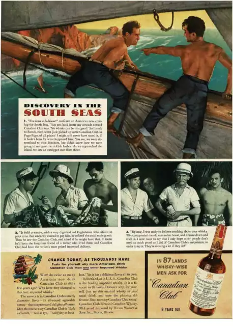1940 CANADIAN CLUB Whiskey South Seas story Vintage Print Ad